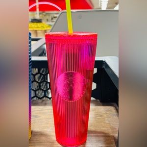 Starbucks Pink Pleated Cup Magenta Iridescent Bling Tumbler 24oz Venti New 2023